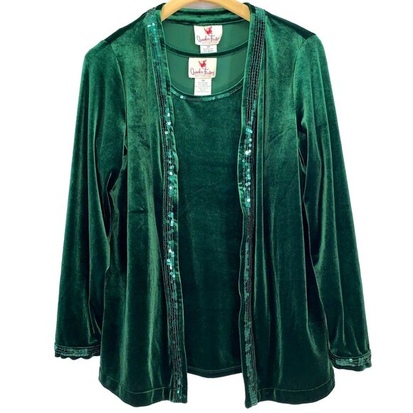 Quacker Factory Size M Green Velour Sequin Two Piece Set Top & Cardigan Artsy - Picture 1 of 12